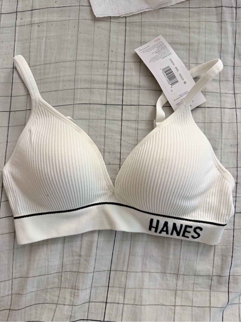 Hanes White Ribbed Wireless Bralette with Black Trim